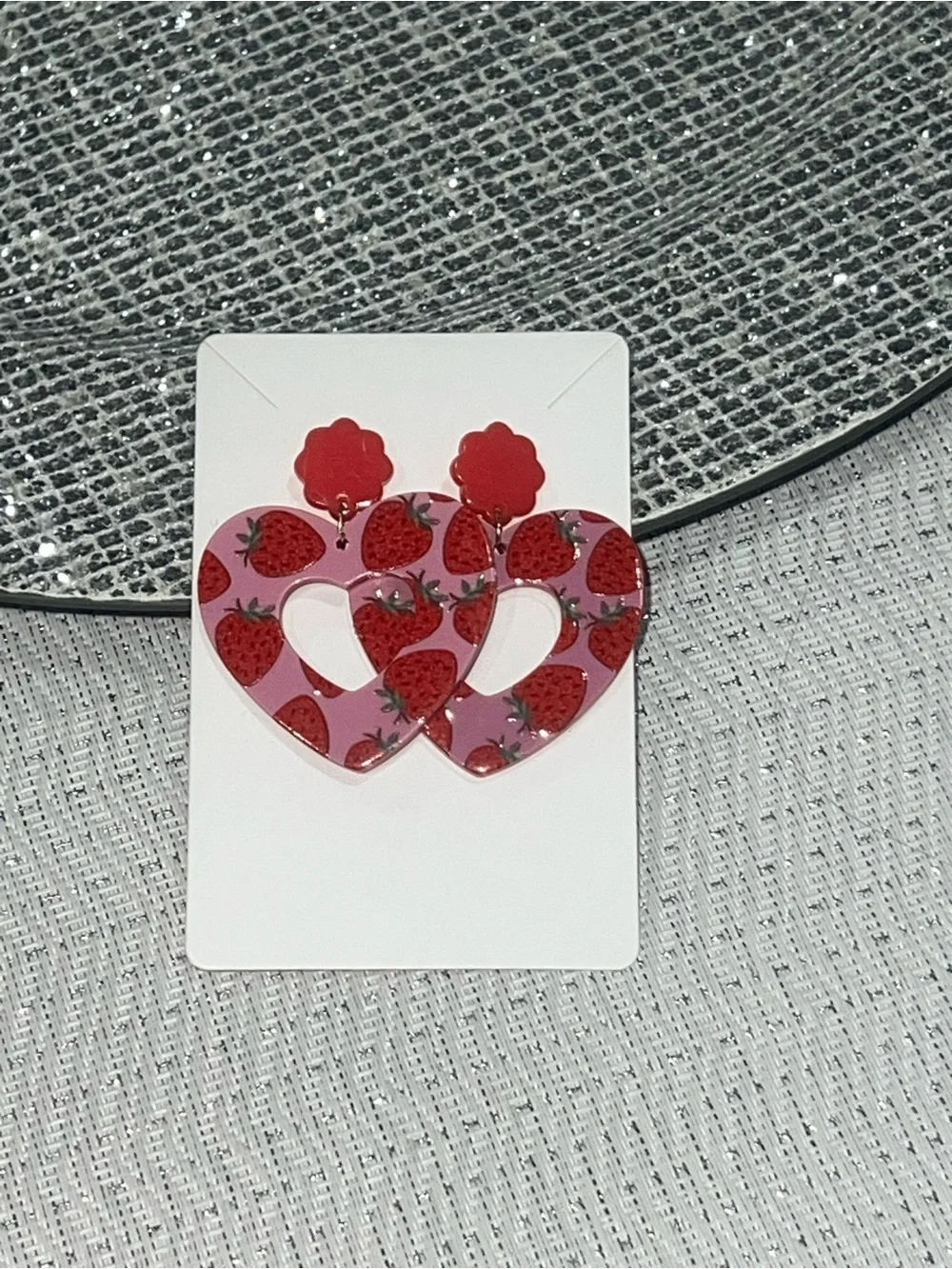 NWOT Strawberry Heart Drop Acrylic Earrings